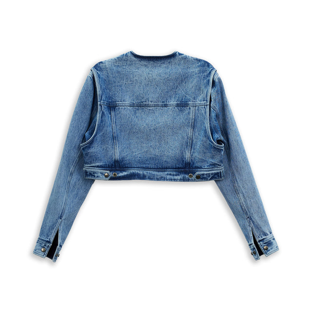 DOUBLE TROUBLE CROPPED DENIM JACKET IN BLUE