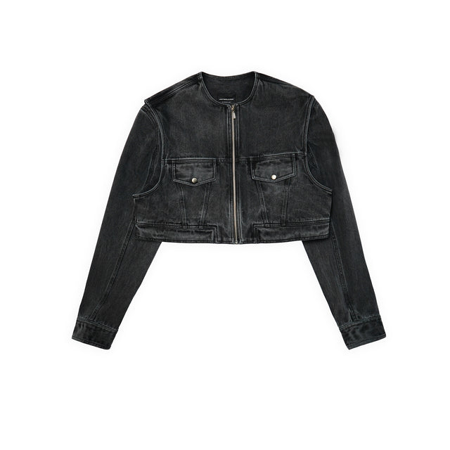 DOUBLE TROUBLE CROPPED DENIM JACKET IN ASH