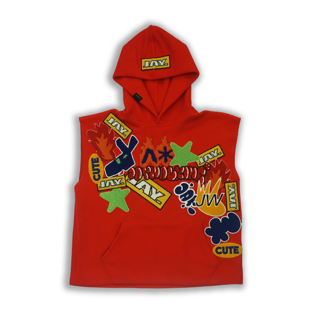 PATCHWORK FLEECE HOODIE IN RED