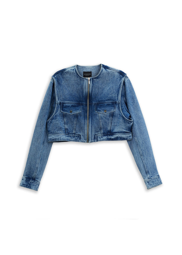 DOUBLE TROUBLE CROPPED DENIM JACKET IN BLUE