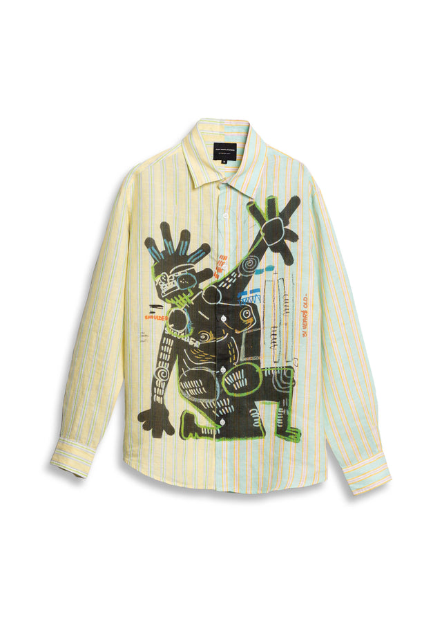 DANCING MEN HALF N HALF STRIPED LINEN SHIRT [UNISEX]