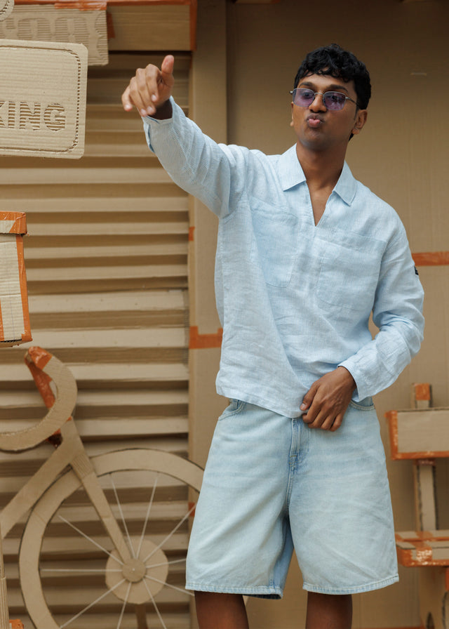 LINEN POLO IN BLUE STRIPS [UNISEX]