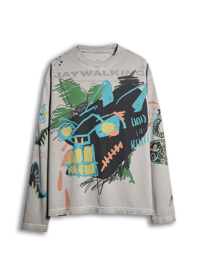 PANTHER LONG SLEEVE T-SHIRT IN WASHED GREY [UNISEX]