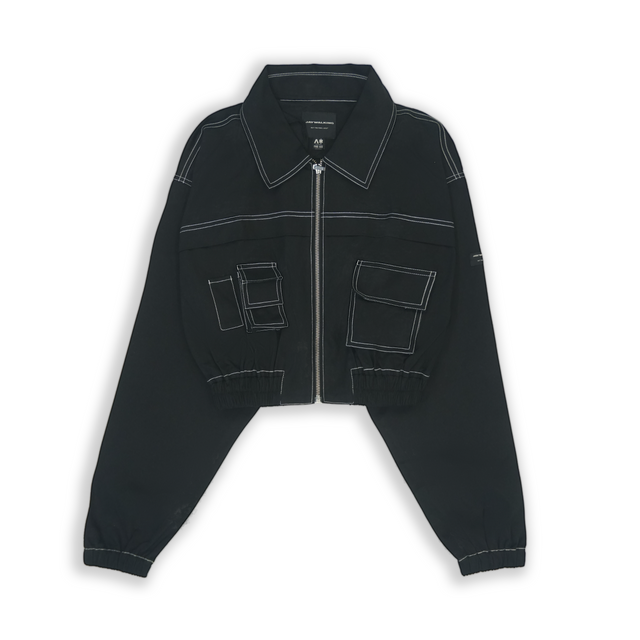 CROPPED UTILITY JACKET IN BLACK WITH WHITE STITCHED