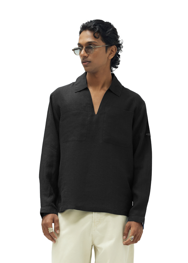LINEN POLO IN BLACK [UNISEX]