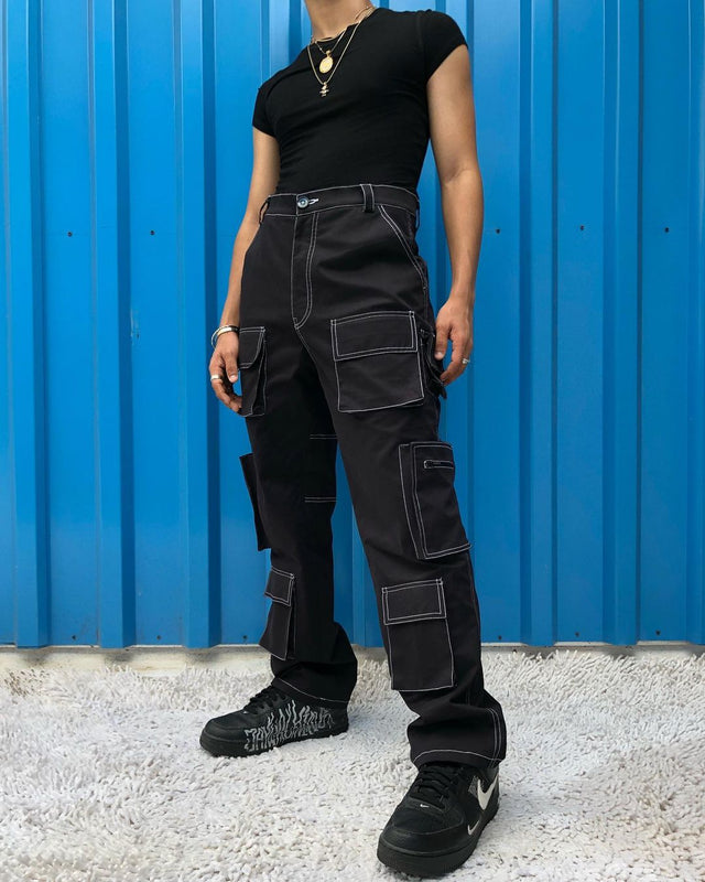 BOX UTILITY PANTS IN BLACK WITH WHITE STITCH [UNISEX]
